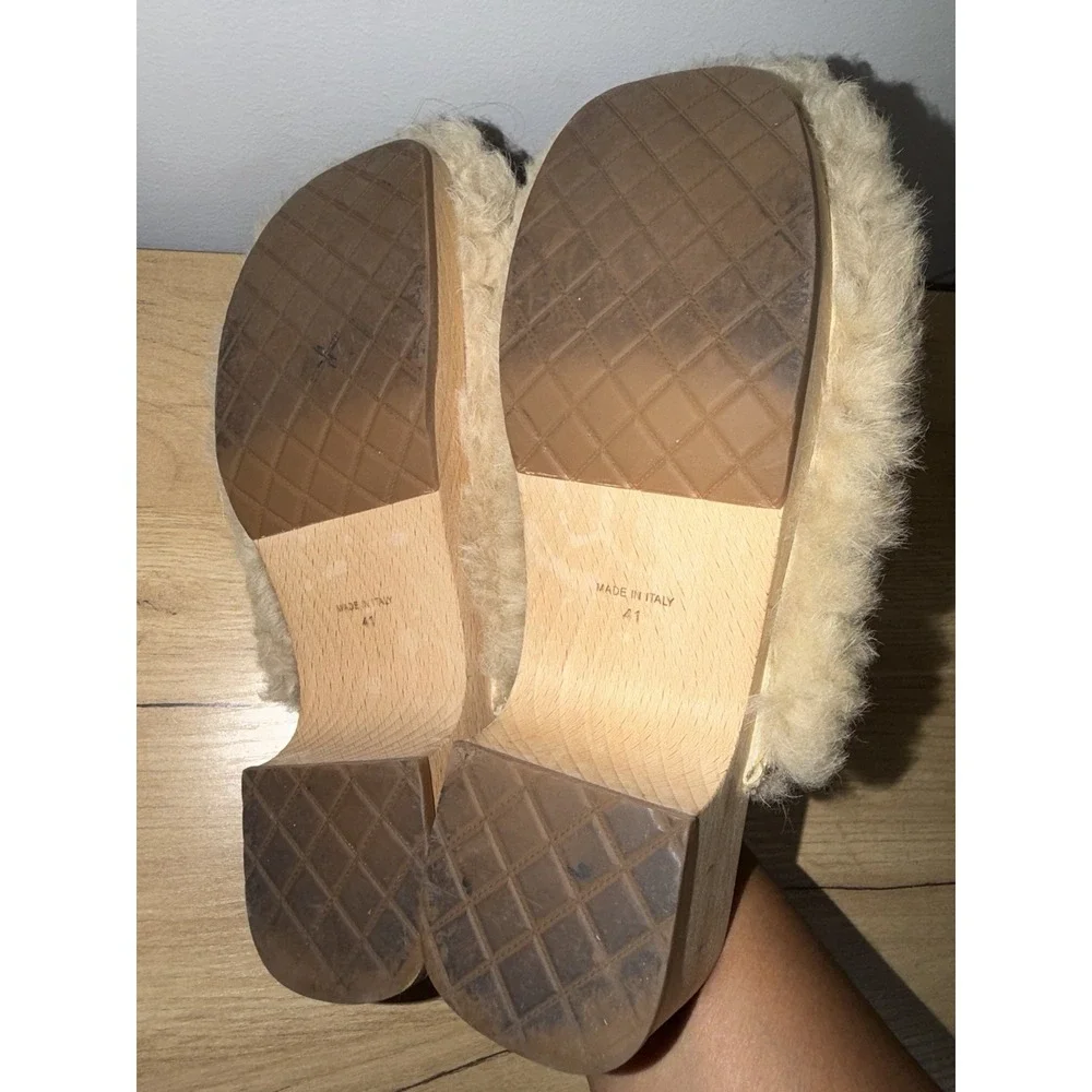 Auth. Chanel Black Beige Lamb Shearling Clogs Mules Shoes 41